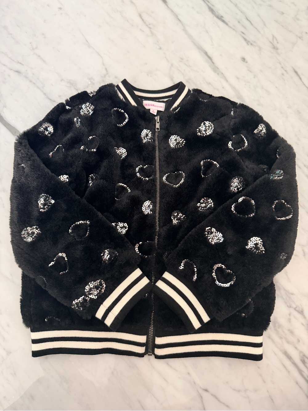 Design History Faux Fur Kids Sequin Heart Jacket Size Small